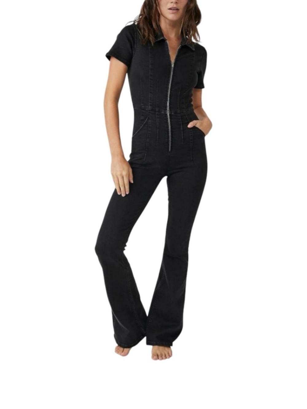 We The Free Black Short-Sleeve Zip-Front Jumpsuit